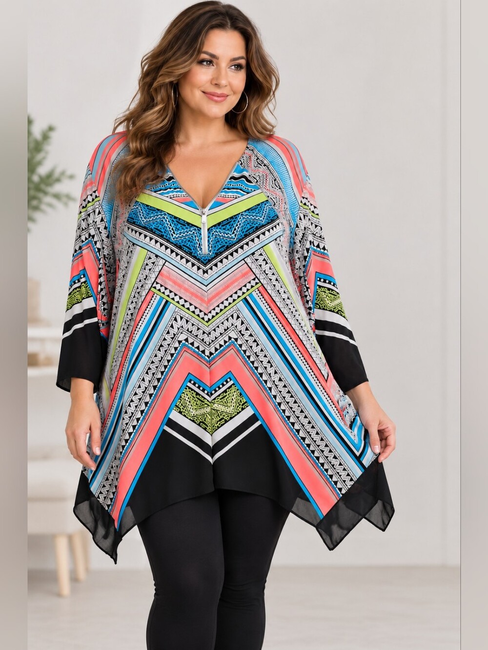 NYGARD Plus Size V-Neck Chevron Print Tunic Top - Multicolor